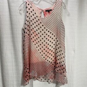 Charlie B Silk tiered Pink/Brown Polka Dot Blouse Asymmetrical Lagenlook SZ M